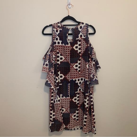 PaperMoon Patterned Cold Shoulder Ruffle Sleeve Mini Dress Large - Picture 6 of 11